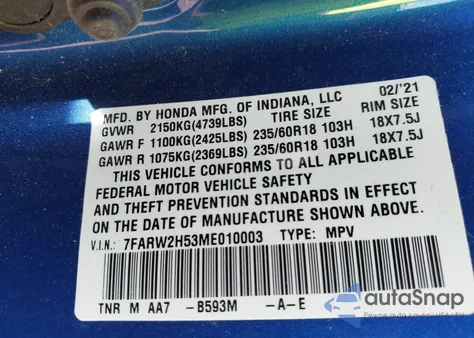 2021 Honda Cr-V Awd Ex из США, поврежденный, VIN 7FARW2H53ME010003
